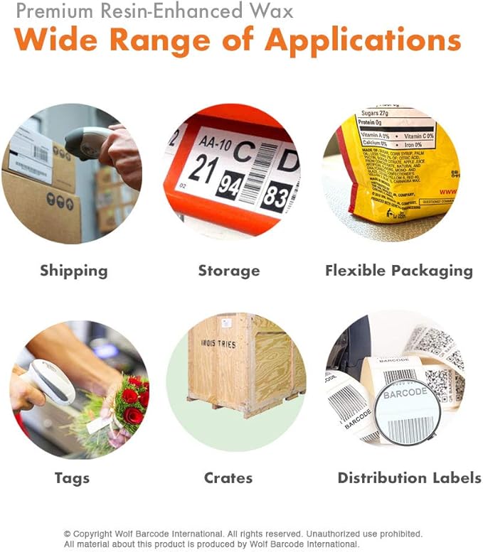 6 Rolls Wolfbarco 5.98" x 1476' (152mm x 450m) Black Premium Resin-Enhanced Wax Thermal Transfer Ribbon Compatible with Zebra,TEC, INTERMEC,Citizen,TSC,GODEX,ARGOX Printers