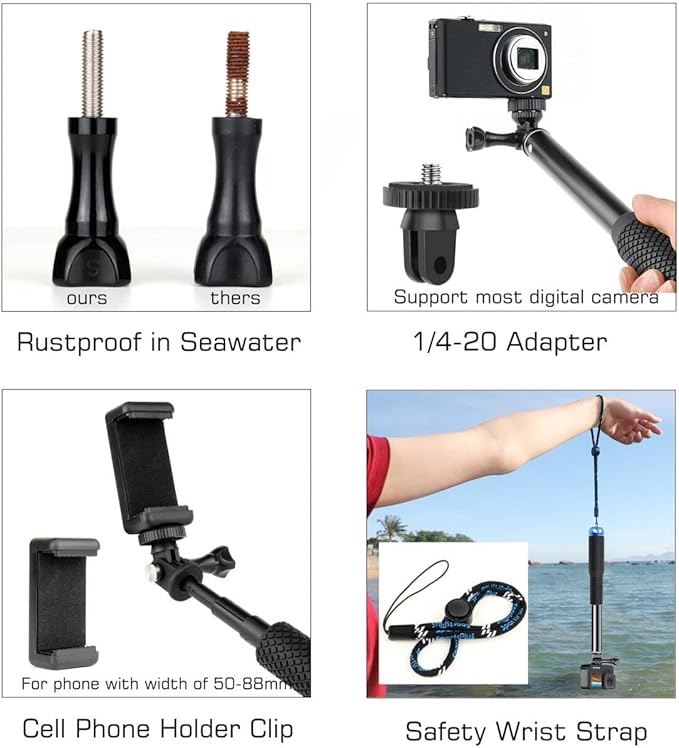 46''Alumium Waterproof Selfie Stick with 1/4 Thread Hole Underwater Pole Handle Grip Monopod for GoPro Hero 13 12 11 Max Insta360 AKASO DJI OSMO Action Cameras Accessories