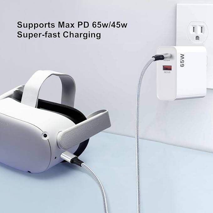 PD 65W USB C Super Fast Charger Compatible with Oculus Quest 3s, Quest 3 - Dual Port USB + Type C Adapter with 6.6ft C to C Charging Cable for Meta Quest 2 and Pico 4 Ultra VR Headsets