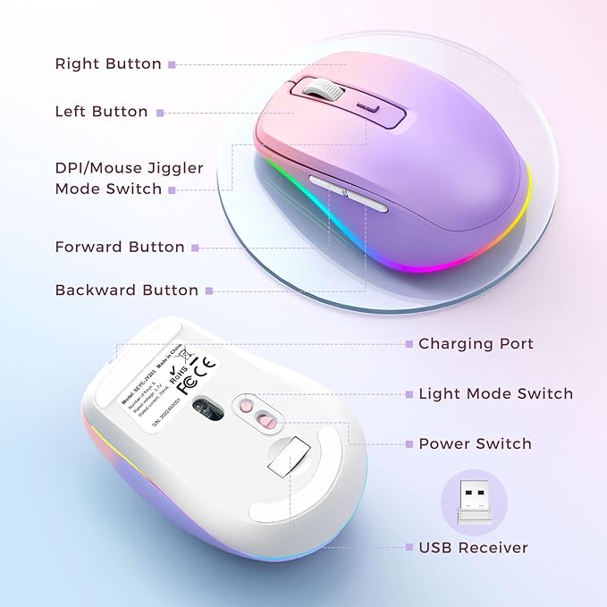 Wireless Mouse Jiggler - LED Wireless Mice with Build-in Mouse Mover, Rechargeable Moving Mouse for Laptop with Undetectable Random Movement Keeps Computers Awake - Purple to Pink