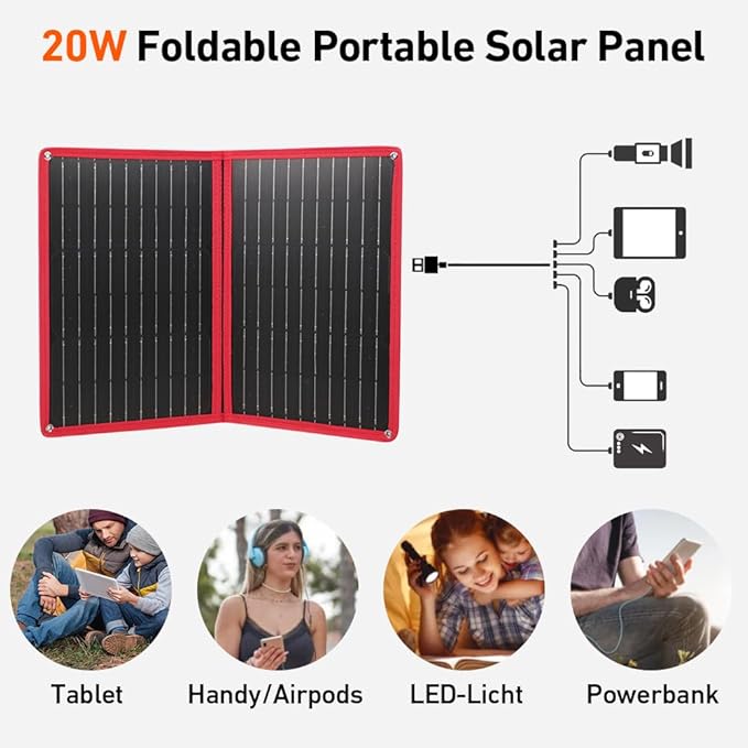 DOKIO 20W Foldable Solar Charger, ETFE Portable Solar Panel with USB-C & USB-A, Water-Resistant Surface for Phone & Power Bank Charging, Camping Hiking Emergency