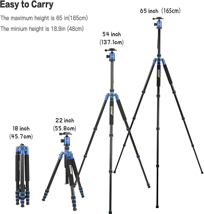 ZOMEI Z818 Tall Camera Tripod 65'' Aluminium Alloy Monopod with 360 Panorama Ball Head Quick Release Plate(Blue)