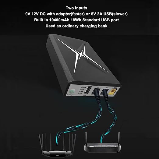 10400mAh Mini UPS Battery Backup, Uninterruptible Power Supply with 2 Inputs, Supports 9V 12V DC Inputs, Multiple Intelligent Protections for Security Camera, Router, and