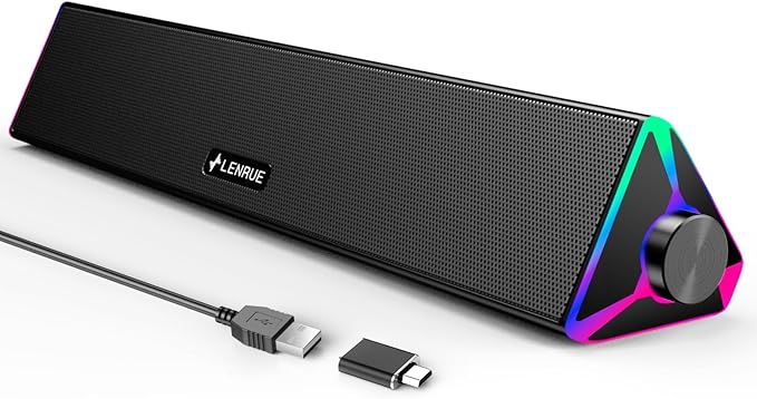LENRUE Computer Speakers for Desktop,PC Speakers with Single USB for Power and Stereo Sound,Touch Lights Gaming Speakers Sound bar for Desktop PC Monitor Laptop(USB-C Adapter Included)