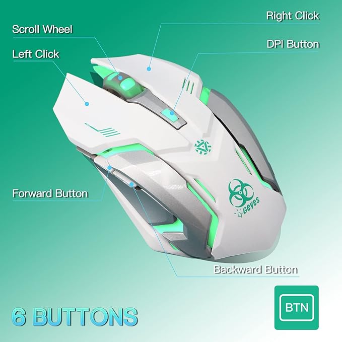 VEGCOO White Wireless Gaming Mouse, Silent Click Wireless Mouse with 3 Level DPI, Rechargeable Computer Mice with Colorful RGB LED Lights and Side Buttons for Laptop and Desktop