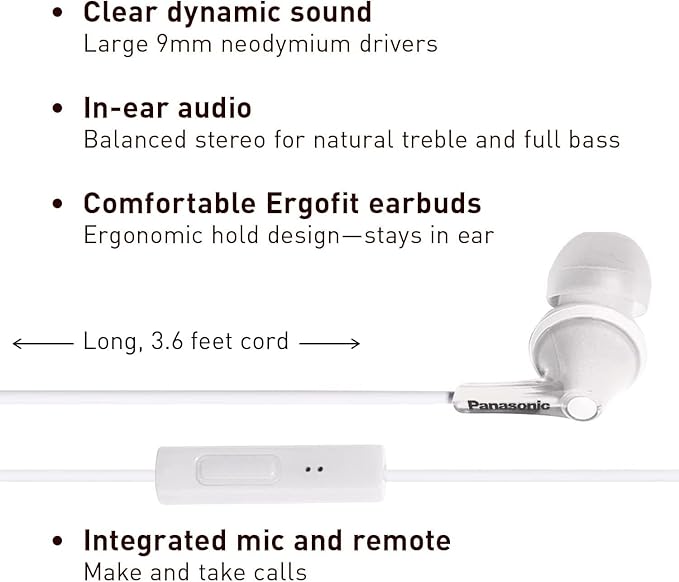 Panasonic ErgoFit Wired Earbuds With Microphone, 3.5mm Jack Wired Headphones with Mic and Call Controller, Ergonomic Custom-Fit Earpieces (S/M/L), for Phones and Laptops - RP-TCM125-W (White)