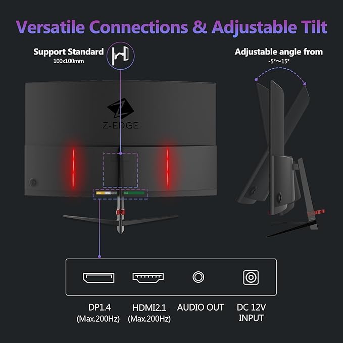 Z-Edge 27 inch Curved Gaming Monitor, FHD 1080P 200Hz 165Hz 144Hz Curved 1500R PC Monitor, MPRT 1ms Monitor, 350nits, 16.7M Colors, UG27 Frameless Bezel, 1X DP 1.4 Ports and 1X HDMI 2.1 Ports