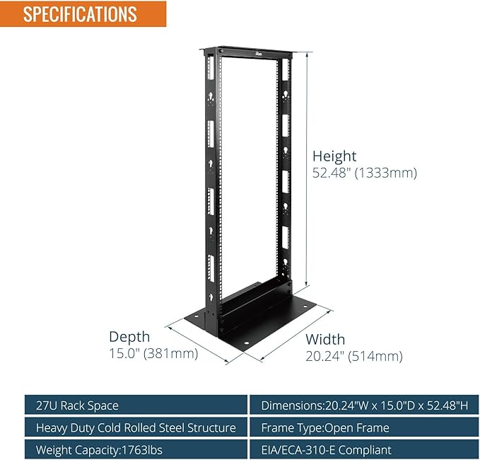 Tecmojo 27U 2-Post Open Frame Server Rack – 19" Network, Server, AV, Data & IT Equipment, Telecom & Patch Panel Mount, 1763 lbs Capacity, Black, Square Holes
