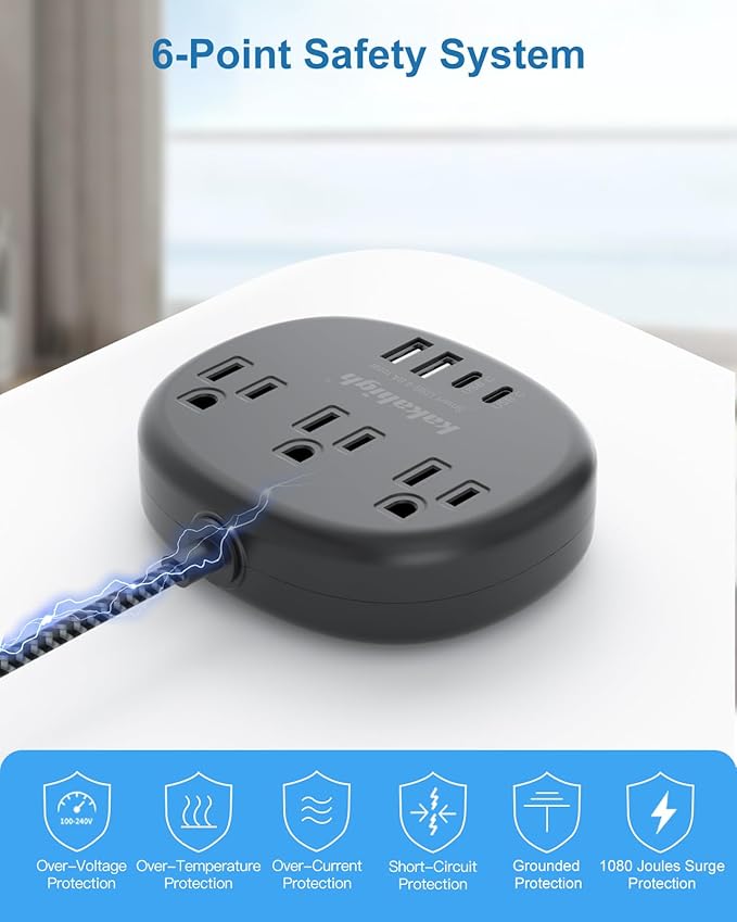 Black Extension Cord 10 Feet, 1625W Extension Cord 3 Prong with 3 AC Outlet 4 USB (24W/4.8A), Bedside Charging Station for Home, Office and Dorm