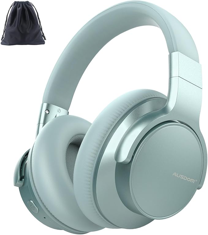 AUSDOM Wireless Headphones Noise Cancelling: Bluetooth Over Ear ANC Headphones with 50H Playtime, Microphone, Deep Bass, Hi-Fi Sound, Comfortable Ear Cushions for Travel Work, Mint Green