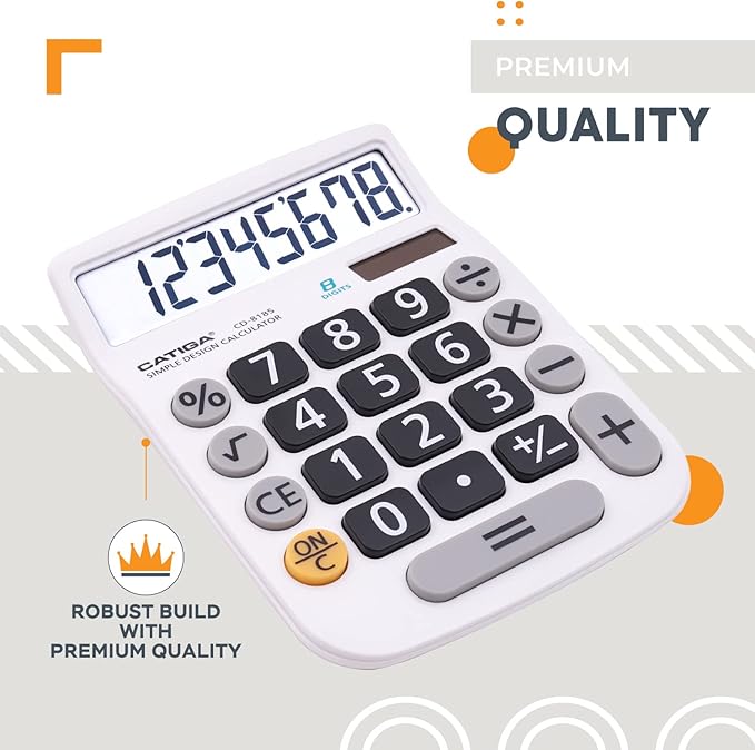 CATIGA Desktop Calculator 8 Digit with Solar Power and Easy to Read LCD Display, Big Buttons, for Home, Office, School, Class and Business, 4 Function Small Basic Calculators for Desk, CD-8185