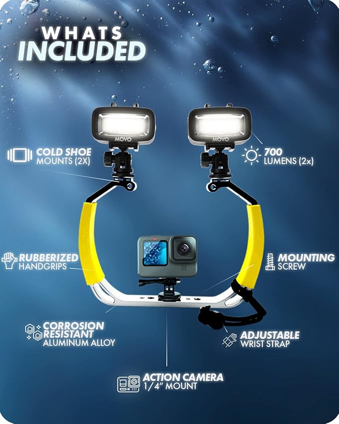 Movo DiveRig1 XL Diving Rig Bundle with Waterproof LED Lights - Compatible with GoPro Hero, HERO5, HERO6, HERO7, HERO8, HERO9, HERO10 and DJI Osmo Action Cam - Scuba Accessories for Underwater Camera