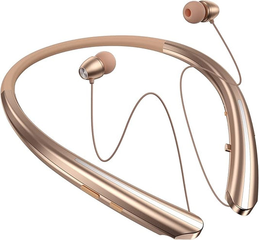 Bluetooth Retractable Headphones Wireless Neckband Headset with Sweatproof Stereo Earbuds for Running/Sports/Driving/Workouts (Rose Gold)