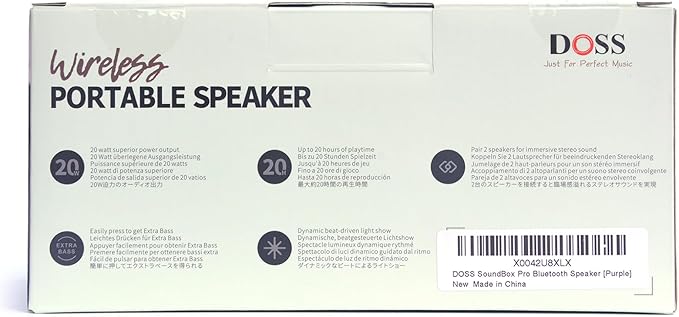 DOSS SoundBox Pro Bluetooth Speaker with 20W Stereo Sound, Active Extra Bass, 20H Playtime, IPX6 Waterproof, TWS Pairing, Multi-Colors Lights, Portable for Hiking, Camping, Beach, Outdoor, Party-Black