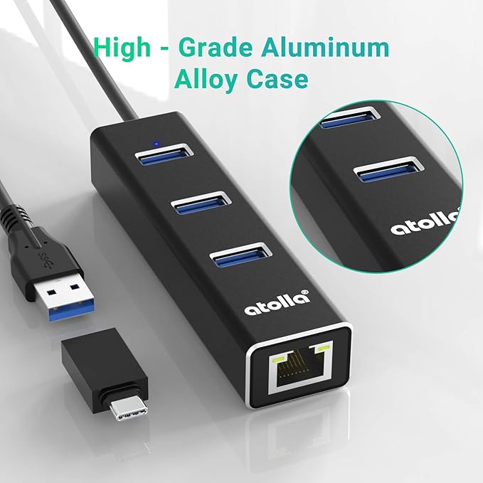 USB C to Ethernet Adapter 3-Port USB 3.0 Hub - 1000Mbps Gigabit RJ45 LAN Port, Driver-Free Aluminum Heat Dissipation for MacBook Pro/Dell XPS/Surface Laptop