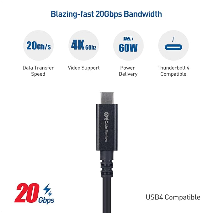 Cable Matters 20Gbps Active USB4 Cable 16.4 ft / 5m, Supports Up to [4K@60Hz Video, 60W Charging, 20Gbps Data Transfer] Compatible with Thunderbolt 4, USB C for VR Headset, MacBook, XPS, Surface Pro