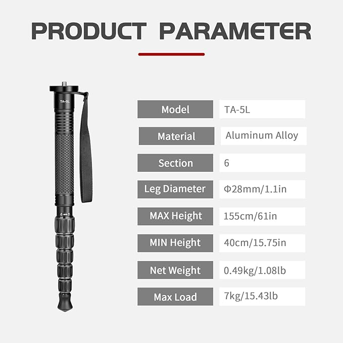 TONYBOO TA-5L 61 inch Camera Monopod,Aluminum Monopod with 6-Section Height,Portable Lightweight,Max Load 16 lbs,Heavy Duty Camera Stand for DSLR Canon Nikon Sony,Easy to Carry
