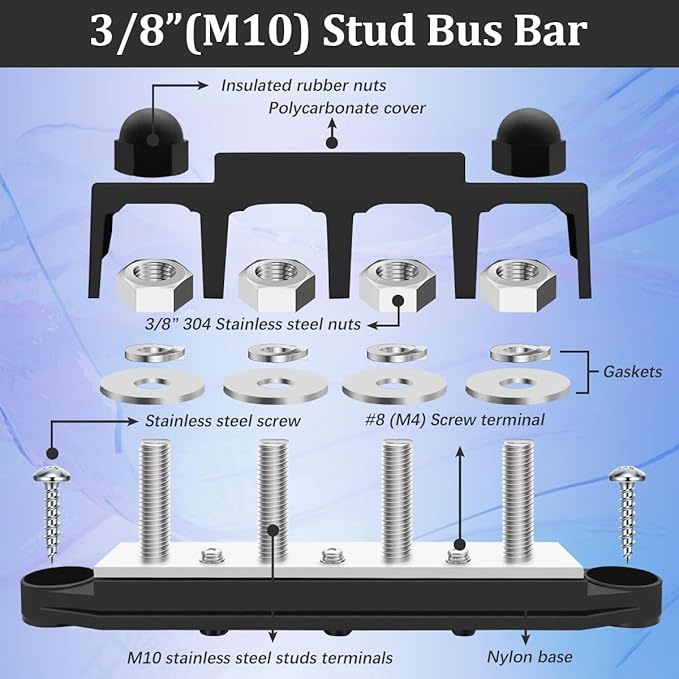 250A 12V Bus Bar Marine Power Distribution Block with Cover with 4 x 3/8”Post 3 x #8 Screws Terminals,Battery Bus Bar (Pair,Red & Black),Automotive Busbars 12 Volt for Car Boat Solar Wiring