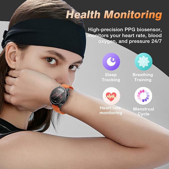 GPS Smart Watch for Men, 1.43'' AMOLED Smartwatch with Compass/Barometer/Altimeter, Heart Rate/Sleep Monitor, 30M Waterproof, 60+ Sports Fitness Tracker for Android/iOS, Black & Orange (2 Bands)