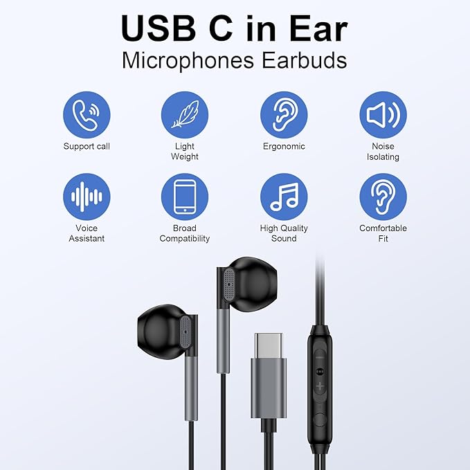 USB C Headphones Samsung Wired Earbuds for Android Samsung Galaxy A17 A36 A16 Z Fold/Flip7 S25 Ultra/Edge A56 A35 A54 S24FE S23Plus,Wired Type C Earphones with Microphone for iPhone 17 Pro Max 16 Plus