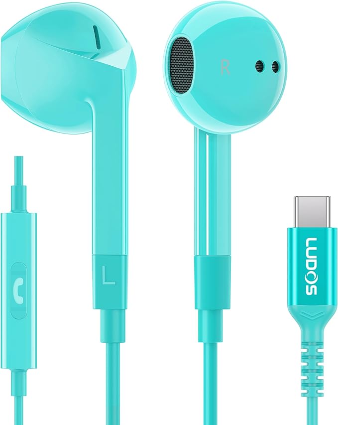 LUDOS FEROX USB C Headphones for iPhone 16 15 Pro Max Plus iPad Pro, 5 Years Warranty, USB-C Earbuds for Samsung Galaxy S24 S23 Ultra S22 S21 S20 A54 A53, USB Type C Earphones - Turquoise
