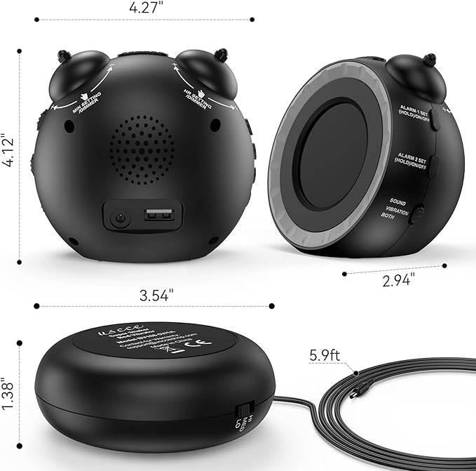 uscce Loud Dual Alarm Clock with Bed Shaker - 0-100% Dimmer, Vibrating Alarm Clock for Heavy Sleepers or Hearing Impaired, Easy to Set, USB Charging Port, Snooze, Battery Backup