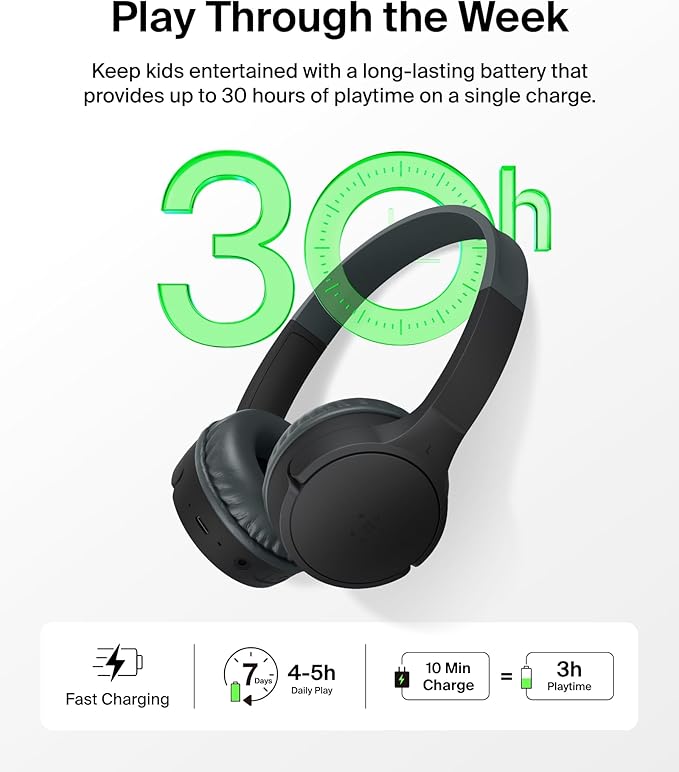 Belkin SoundForm Mini Kids Wireless Headphones w/Built-in Microphone, 30H of Playback Time, Fun Stickers, & Case - Over-Ear Headsets for Online Learning, School, iPhone, iPad, Galaxy, & More - Black