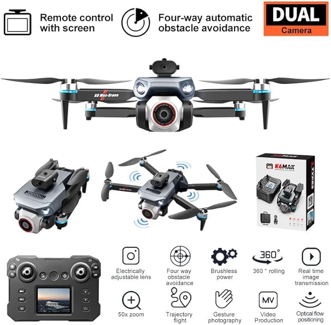 RC Drone with Built-In Screen Remote, Dual Camera for Adults 4K ,𝐁𝐫𝐮𝐬𝐡𝐥𝐞𝐬𝐬 𝐌𝐨𝐭𝐨𝐫𝐬 𝐟𝐨𝐫 𝐒𝐦𝐨𝐨𝐭𝐡 & 𝐒𝐭𝐚𝐛𝐥𝐞 Optical-Flow Hover, Four-Way Obstacle Avoidance, Two Batteries, LED Lights, Impact-Resistant Shell Memory Card, Card Reader, Handbag