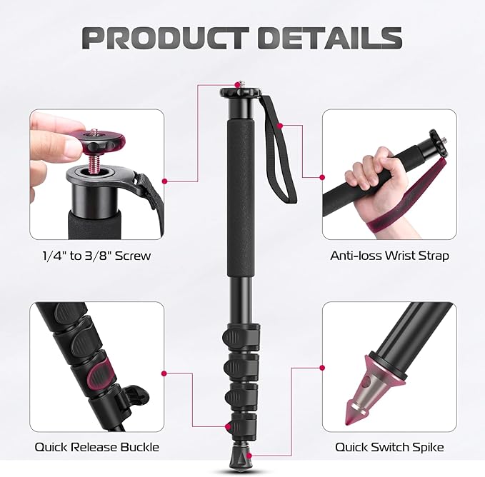 ULANZI TB12 61-Inch Camera Monopod - Portable Tripod & Monopod Photography Stick with 5-Section Height, Aluminum Compact Travel Camera Stick for Canon, Nikon, Sony Mirrorless, DSLR, Easy to Carry