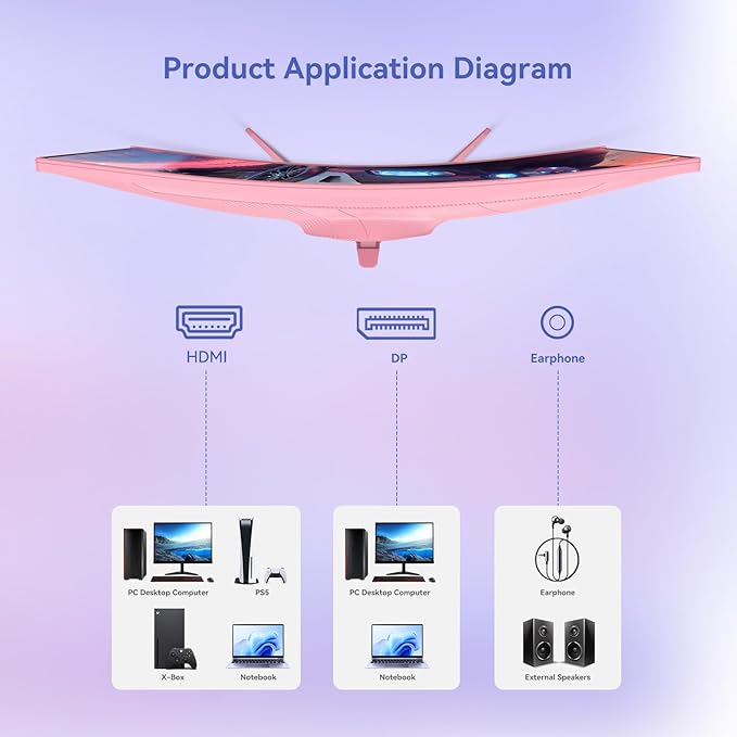 Pink Curved Gaming Monitor 180Hz 1ms,Frameless 1080P Gaming Monitor 27 inch,4000:1 Contrast Ratio,FreeSync Crosshair/Timer/FPS/RTS,Tilt Adjustable(DP Cable Included)