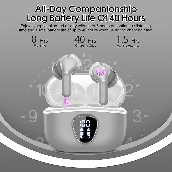Wireless Earbuds, Bluetooth 5.4 Headphones HiFi Stereo, Bluetooth Earbuds with ENC Noise Cancelling Mic, IP7 Waterproof in Ear Earphones, 48H, LED Display Ear Buds for Pad Workout Sports, Grey