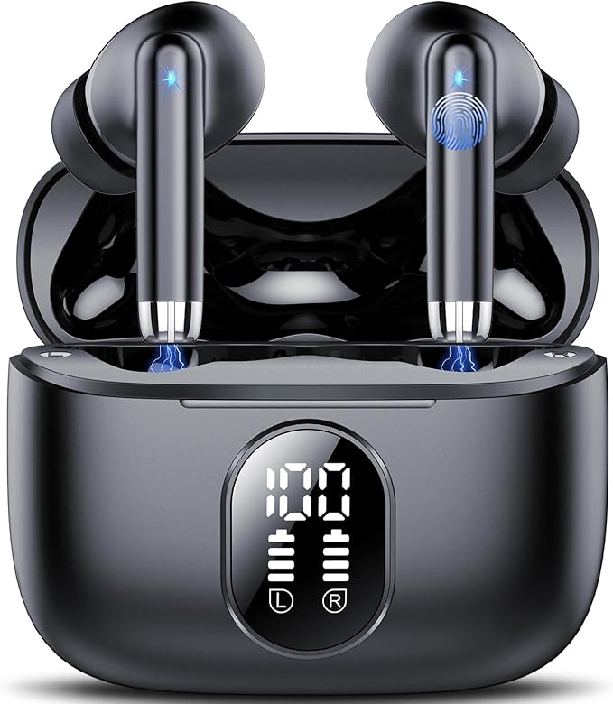 Wireless Earbuds, 2025 New Bluetooth 5.4 Headphones HiFi Stereo with 4 ENC Mic, 40H Mini Ear Buds In-Ear Noise Cancelling Earbuds with LED Screen, Ultra Light Bluetooth Earphones Black for Android iOS