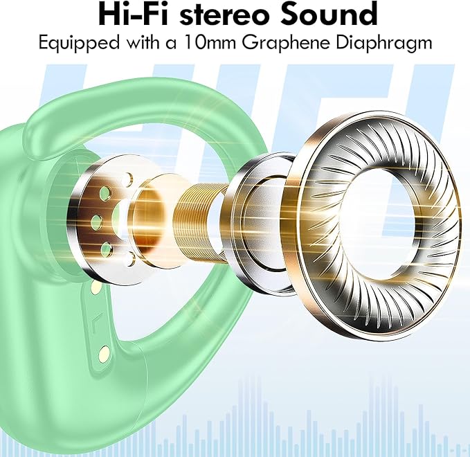 kurdene Wireless Earbuds Bluetooth Headphones Sport,Over Ear Buds with Deep Bass Sound,60Hrs Playtime Earphones Redesigned Comfort Fit with Earhooks for Running,Meeting,Workout-Mint Green