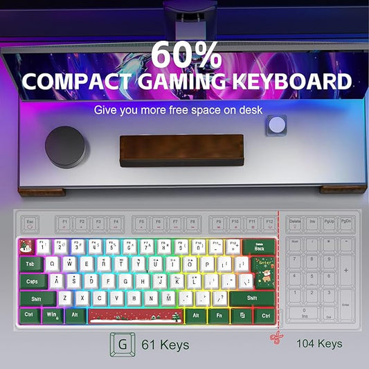 Snpurdiri 60% Wired Gaming Keyboard, RGB Backlit Small Ultra-Compact 61 Keys 60 Percent Gaming Keyboard for PC/Mac Gamer, Typist, Travel, Easy to Carry on Business Trip(Red Green White)