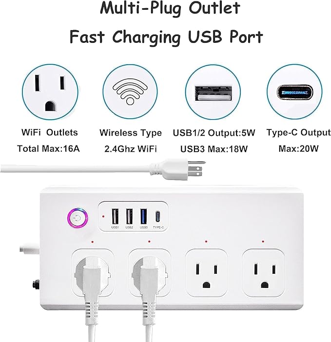 Smart Power Strip Surge Protector,Smart Fast Charge, 4 Individually Controlled Outlets, Compatible with Alexa Google Home Phiilps HUE-WiFi Upgrade Version - White