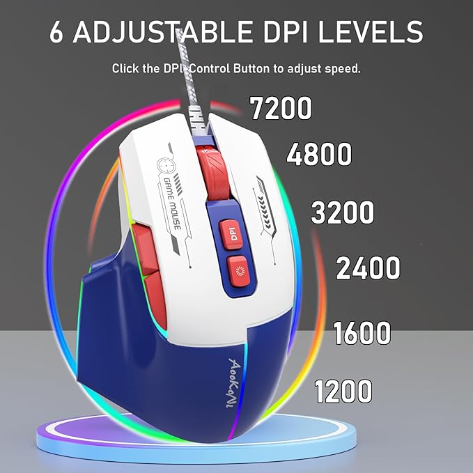 Gaming Mouse, Wired Gaming Mouse with RGB Backlit, 7200DPI Adjustable, PC Gaming Mice with 7 rogrammable Macro Buttonsg, Ergonomic Mouse Gamer for PC, Desktop, Mac，Laptop, Chromebook.