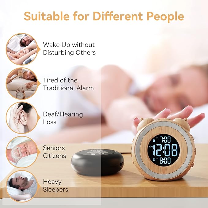 uscce Dual Extra Loud Alarm Clock with Bed Shaker - 0-100% Dimmer, Vibrating Alarm Clock for Heavy Sleepers or Hearing Impaired, Easy to Set, Snooze, Battery Backup, Wake with a Shake(Wood Grain)