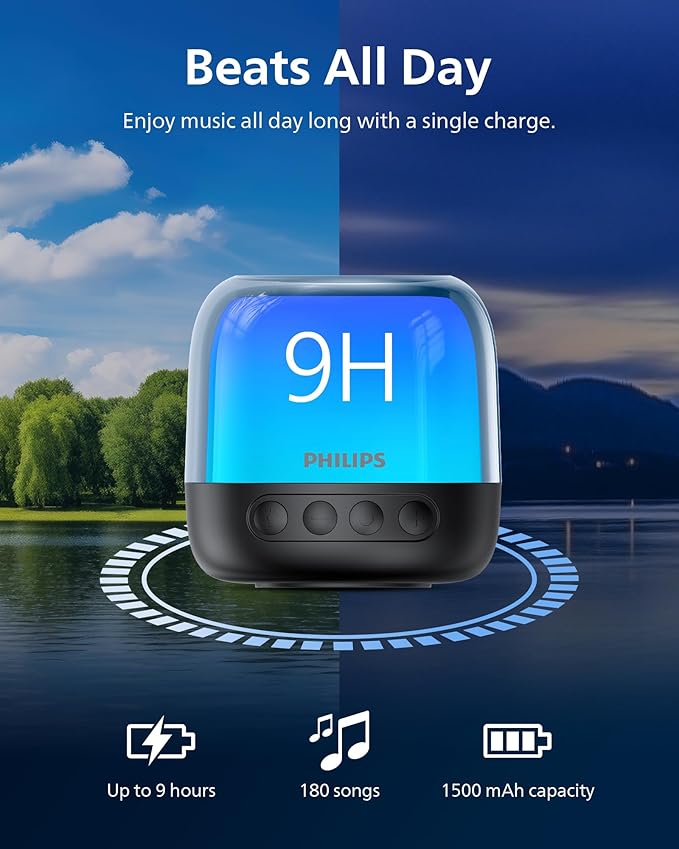 Philips S1108 Portable Bluetooth Speaker, 3W RMS, 9H Playtime, TWS Stereo Pairing, LED Light Effects, USB-C Charging – Compact Wireless Speaker for Home, Outdoor, Travel