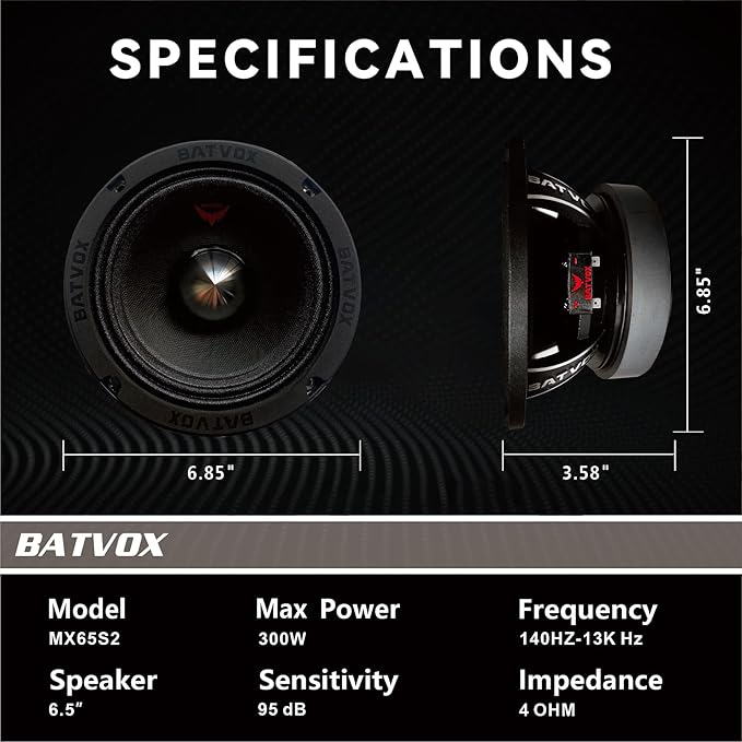 MX65S2 Midrange Loudspeaker 6.5" Silver Bullet, 600W Max, 4 Ohms, Premium Quality Audio Door Speakers for Car or Truck Stereo Sound System, Black (1 Speaker)