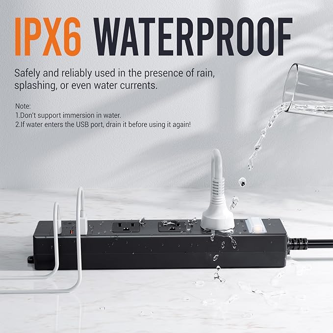 VNJ Outdoor Power Strip with 3AC Outlets + 3USB Ports, IPX6 Waterproof Surge Protector, Safety Lock Design and ETL-Certified Cables, 10FT Extension Cord for Home, Garden, and Commercial Use