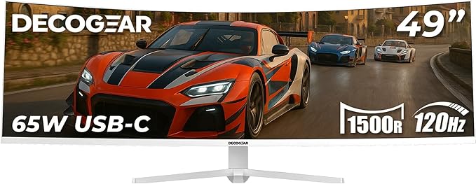 Deco Gear 49" Curved Ultrawide 5K Gaming Monitor, 32:9, 120 Hz, 101% NTSC 100% sRGB, USB-C 65W, Adjustable, Home Office and Entertainment Workstation - White Edition