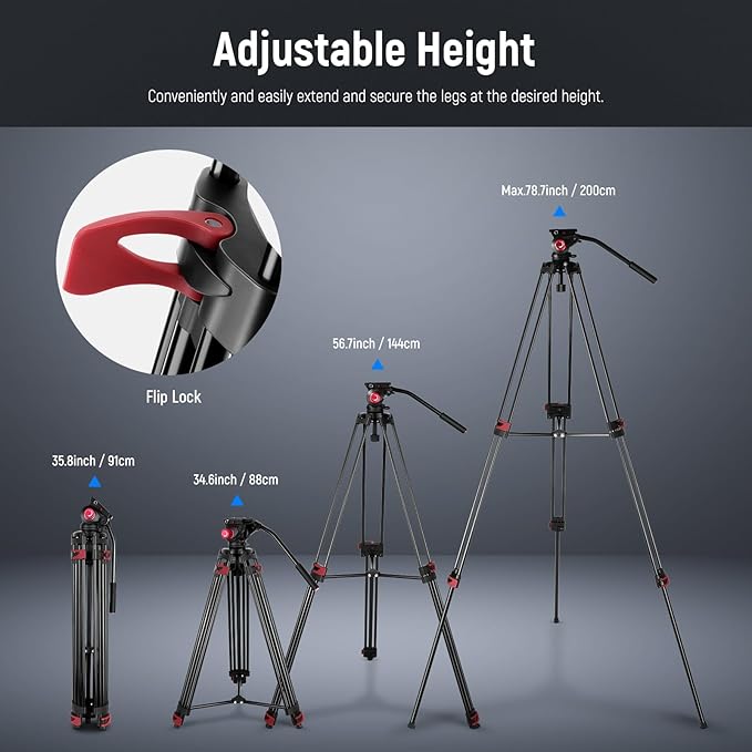NEEWER 79"/200cm Video Tripod, Heavy Duty Aluminum Alloy Camera Tripod Stand with 360° Fluid Drag Head, QR Plate Compatible with Canon Nikon Sony and Other DSLR Camera Camcorder, Load Up to 17.6lb/8kg