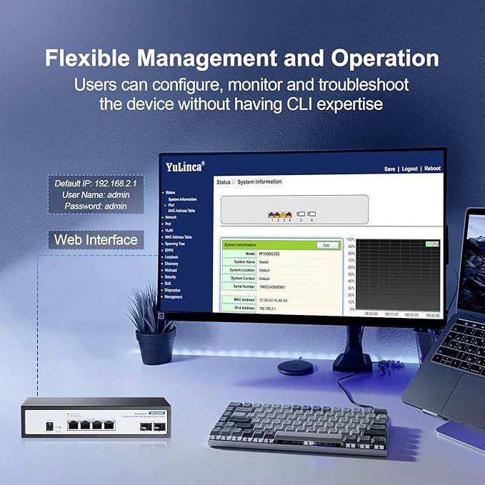 6 Port 10Gbps Managed Switch, 4 x 10G RJ-45, 2 x 10G SFP+ Slots, Support 10G/5G/2.5G/1000M Auto-Negotiation, YuLinca Smart Web Metal Network Switch