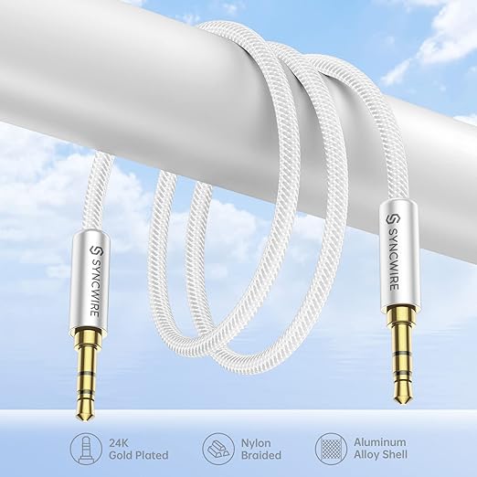 SYNCWIRE 3.5mm Nylon Braided Aux Cable (3.3ft/1m,Hi-Fi Sound), Audio Auxiliary Input Adapter Male to Male AUX Cord for Headphones, Car, Home Stereos, Speaker, iPhone, iPad, iPod, Echo & More – Silver
