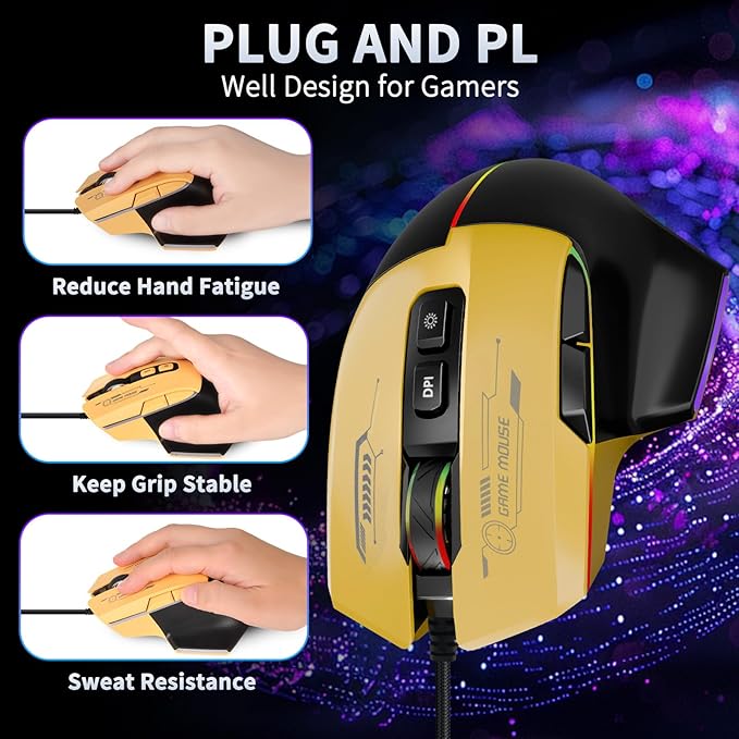 Gaming Mouse, Wired Gaming Mouse with RGB Backlit, 7200DPI Adjustable, PC Gaming Mice with 7 rogrammable Macro Buttonsg, Ergonomic Mouse Gamer for PC, Desktop, Mac，Laptop, Chromebook.