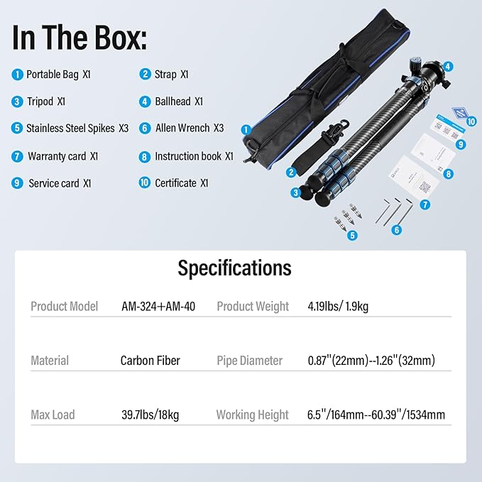 SIRUI AM-324 Professional Camera Tripod with AM-40 Low Gravity Ball Head, 60.4” Carbon Fiber Heavy Duty Tripod for Mirrorless Camera, DSLR, 4 Sections, 32mm Max Tube, Max Load 39.8lb/18kg