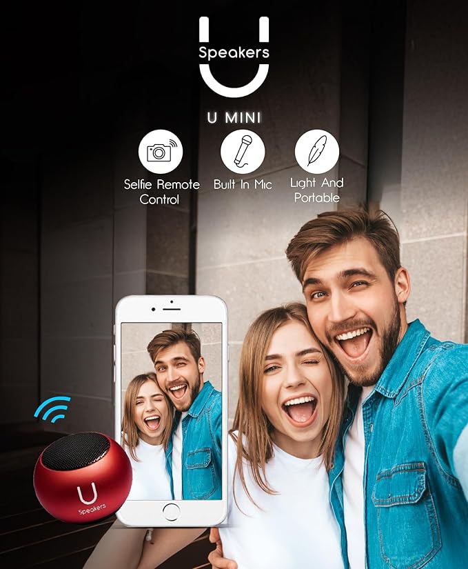Fashionit U Mini - Small Bluetooth Speaker Wireless - Mic & Remote Shutter, Portable Bluetooth Speakers, Rich Sound for Home & Outdoor, Stocking Stuffers, White Elephant Gifts for Adults - Red