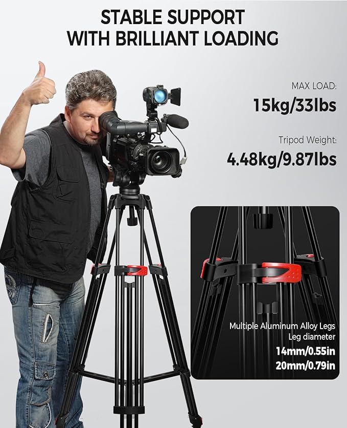 82" /210cm Professional Video Tripod, Heavy Duty Aluminum Alloy Camera Tripod Stand with 360° Fluid Drag Head, QR Plate Compatible with Canon Nikon Sony DSLR Camera Camcorder (Load 33Lb)