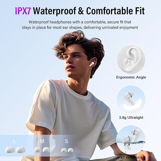 Wireless Earbuds, Bluetooth 5.4 Ear Buds with Multifunctional Touch Screen, 48H Bass Stereo Headphones with ANC/ENC Noise Cancelling/Transparency Mode, IPX7 Earphones with 5 EQ Modes, White