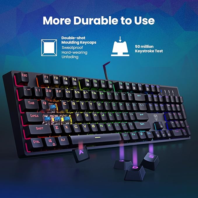 RisoPhy Mechanical Gaming Keyboard, Blue Switch USB Wired Keyboard, 20 RGB Light up Backlit Modes, 104 Key Full Size Clicky Keyboards, Anti-Ghosting/Spill-Resistant Rainbow LEDKeyboards for PC(Black)